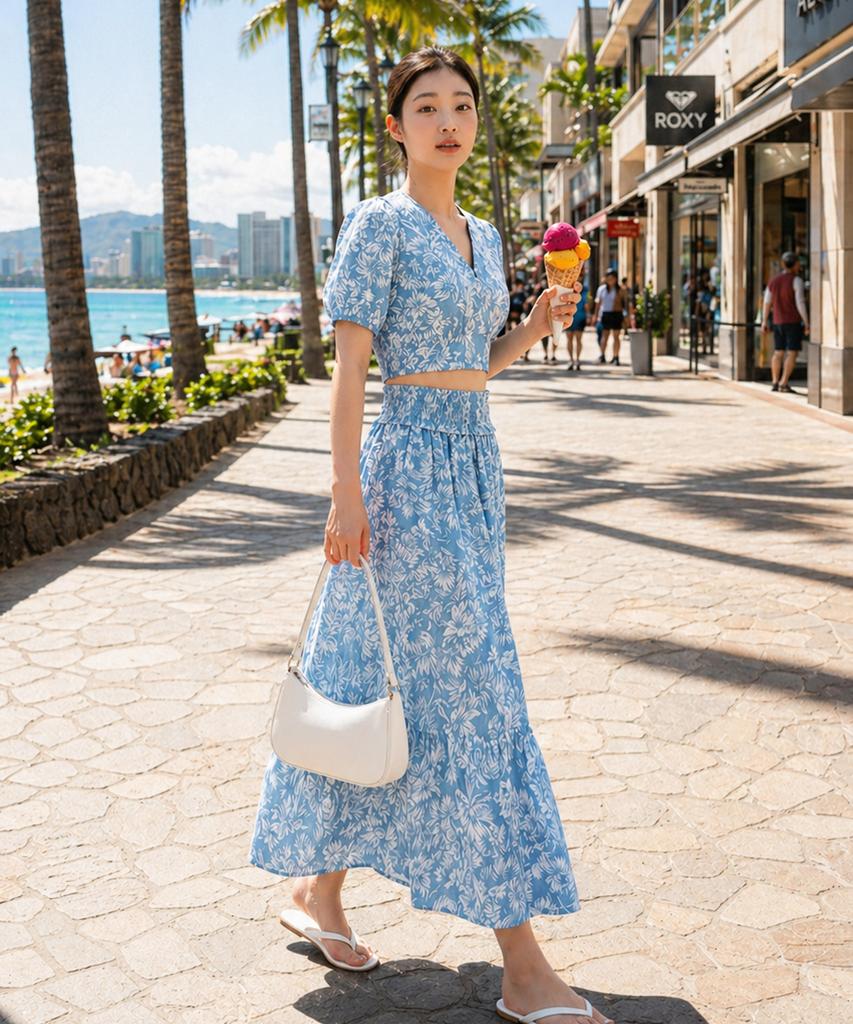Helingbon Flower Seersucker Cutout Blouse Long Skirt Set Hj203