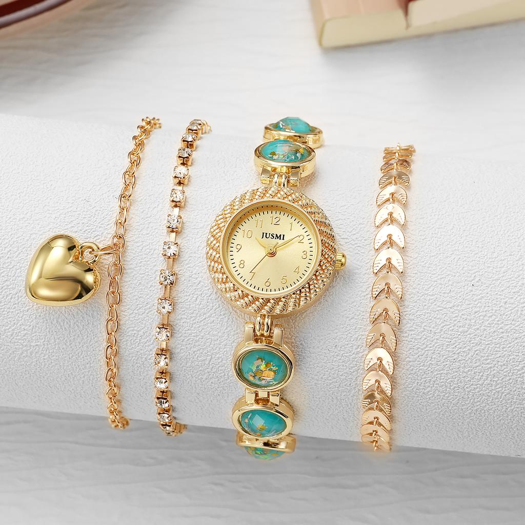 Ladies' Sweet and Exquisite Quartz Watch + Multi-style Bracelet Set, Gold with Diamond Inlay Heart-shaped Pendant