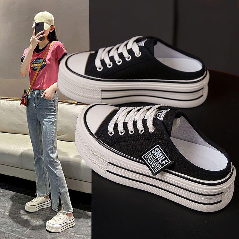 Pantofole da donna Autunno Punta rotonda Allacciate Scarpe di tela Senza tacco Pigre Suola spessa Mezza pantofola