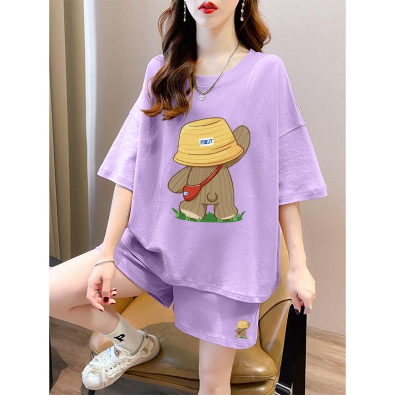 Pure Cotton Short Sleeve Short Pants Suit Women's Summer Plus Size Plus Size Ladies Loose Fashion Casual Sports Style Wear a Set of Fashion
