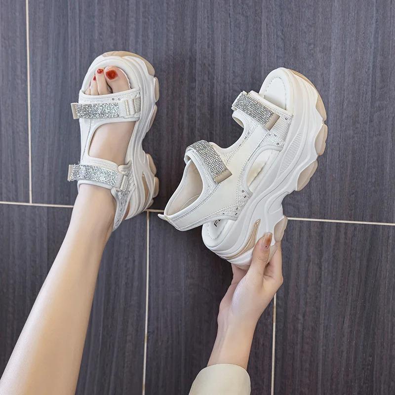 Fashion Versatile Thick Heel Sandals Women's Summer Outdoor Wear 2025 New Diamond Platform Heightening Casual Dad Sports Sandals