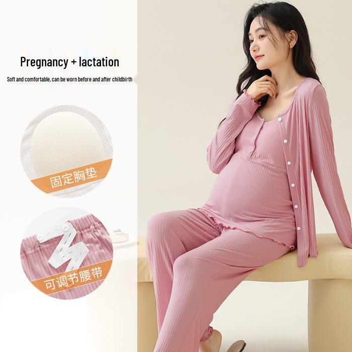 Modal Maternity Pajamas: 3-Piece Autumn Set with Breast Pads, Postpartum Nursing, Belly Comfort, Summer Wear.