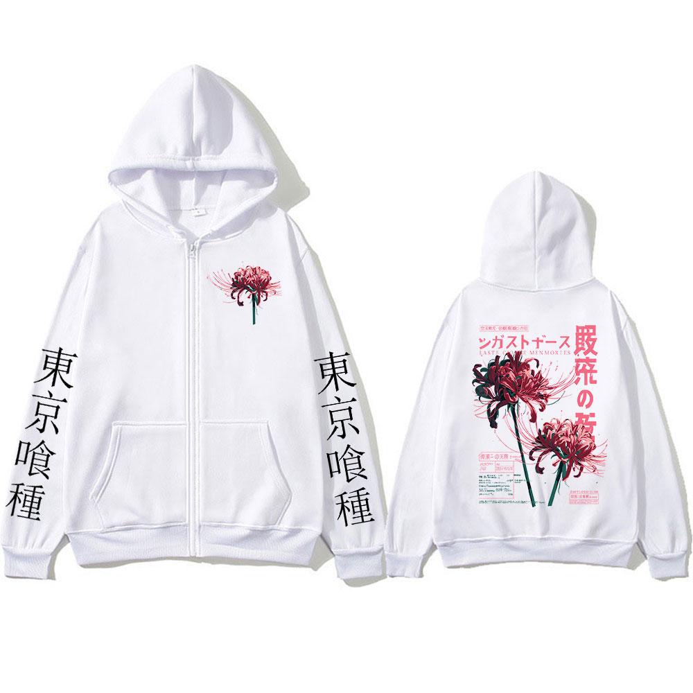 Anime Tokyo Ghoul Ken Kaneki Grunge Květina Japonská pavoučí lilie Zipové mikiny Pánské mikiny na zip Dlouhý rukáv Bunda Kabát
