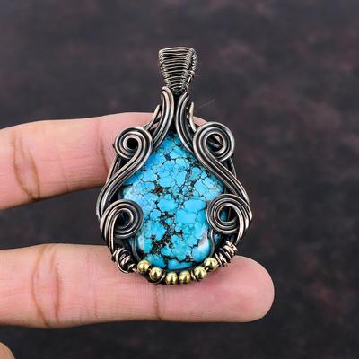 Tibetan Turquoise Pendant Copper Wire Wrapped Pendant Handmade Pendant Beautiful Copper Wire Jewelry Gift For Her Turquoise Gemstone Jewelry