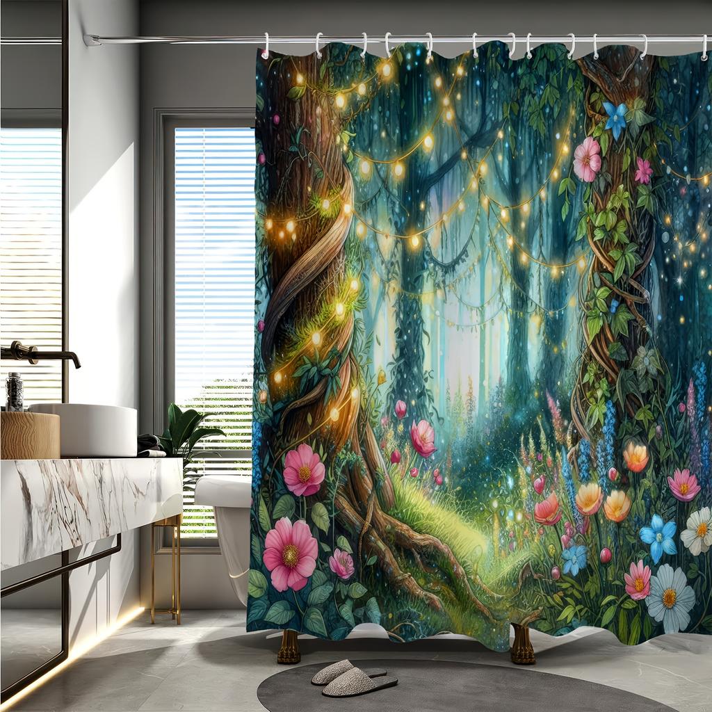 Fantasy-Wald Digitaldruck Duschvorhang, Kostenloser Haken im Lieferumfang enthalten, Waschmaschinenfest, Wendbares Polyester, Ganzjahres-Badezimmerdekoration