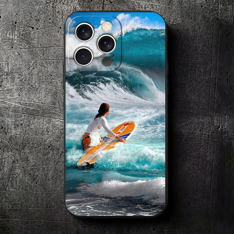 Surfboard Surfing Surf Summer Soft Phone Case for iPhone 16 16E 17 Air 15 Pro Max 14 Plus 13 Mini 11 12 7 Black Cover Back Shell