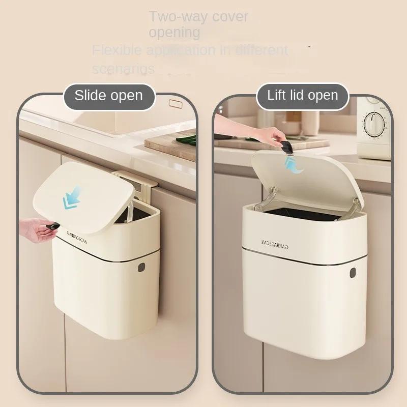 Kitchen Hanging Trash Can Household Cream White Traceless Adhesive Cabinet Trash Basket with Lid Household Wall Hanging Ins