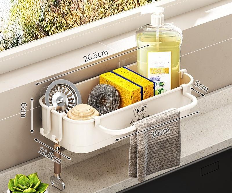 Wall Mount PP Plastic Kitchen Sink Drain Rack No Drill Sponge Soap Holder Slide Out Drip Tray Towel Hook Bathroom Organizer