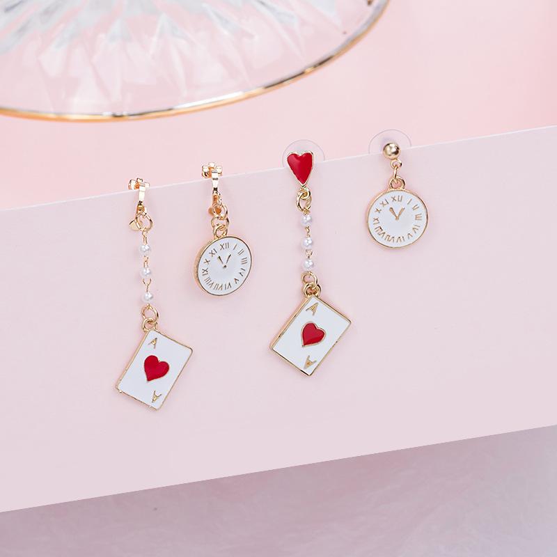 Korean girl asymmetrical playing card clock earrings, sweet Alice dripping pearl cute stud earrings