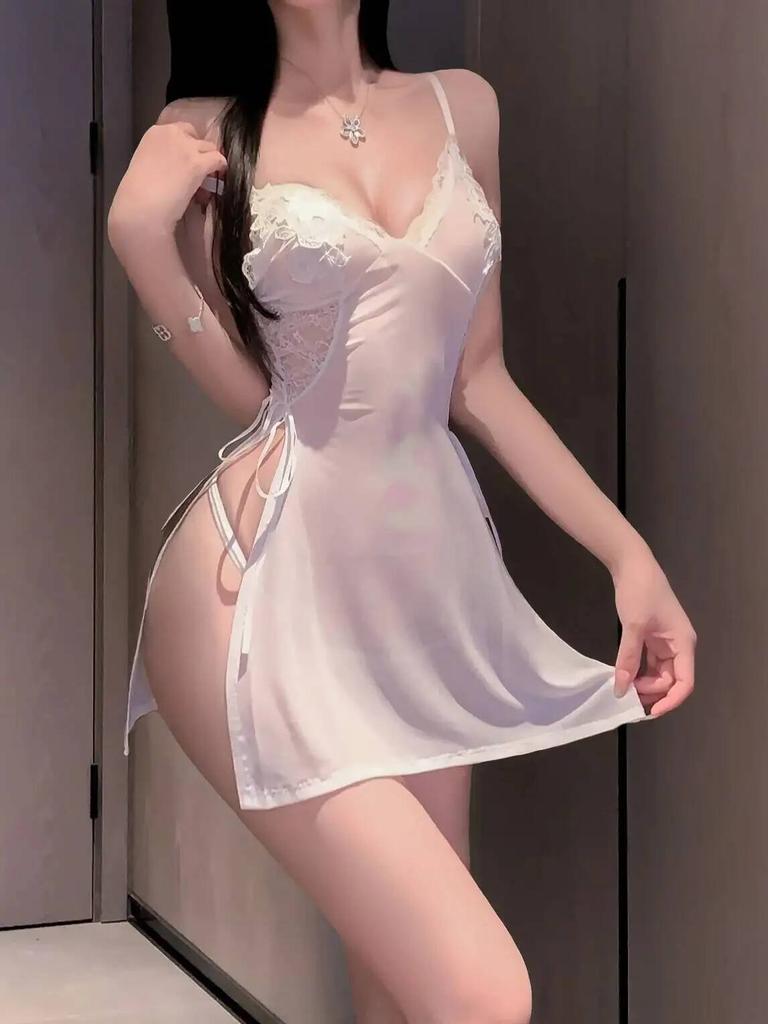 Sexy Pure Desire Dress Sweet Spicy Girl Lace Trim Dress Nightclub Wear Solid Color Transparent Sleeveless Dress Charming O3Qr