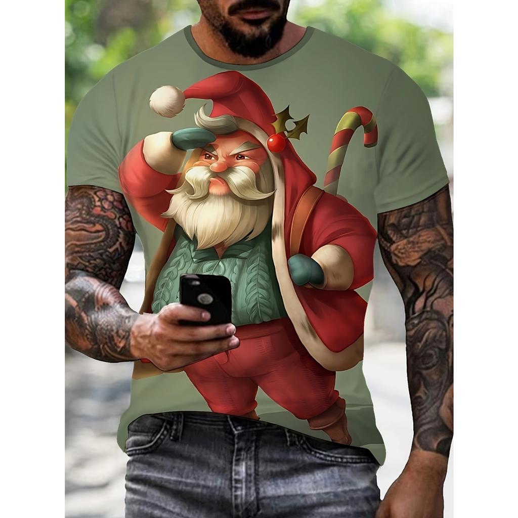 Weihnachtselement T-Shirt für Herren Lustiger Weihnachtsmann 3D-Druck Kurzarm T-Shirt Sommer Casual Rundhals Oversized Herrenbekleidung Top