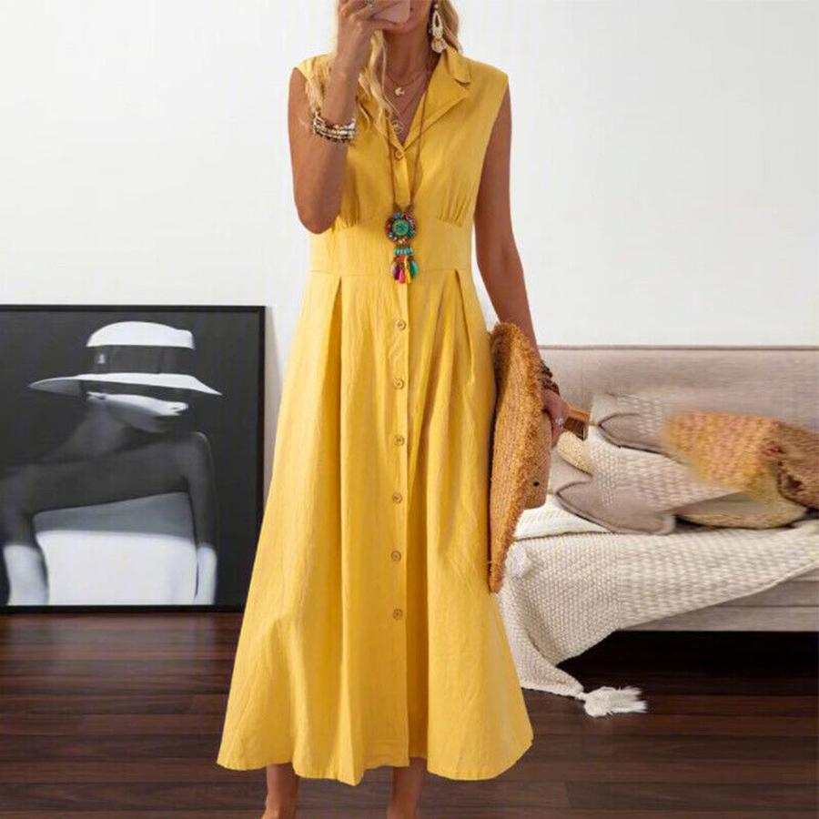 Cotton Linen Dress New Style Suit Collar Solid Button Long Dress