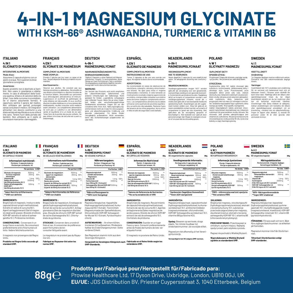 4-in-1 Magnesiumglycinat mit KSM-66 Ashwagandha, Kurkuma und Vitamin B6