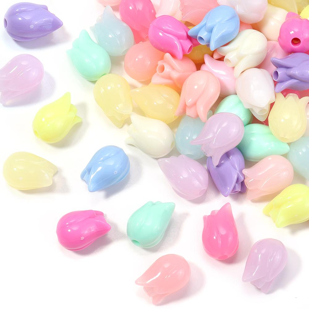 50pcs/lot Tulip Flower Bud Leaf Loose Beads Mix Color Flower Acrylic Beads For Jewelry Making DIY Bracelet Nacklace Accessories