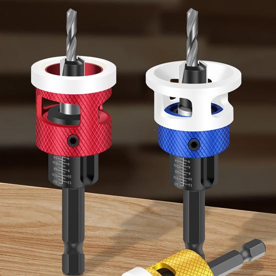 Countersink Drill Bits Set with Adjustable Aluminum Depth Five Dual-Flute Bits TCT Alloy Hole Drill Bits Kit with Wrench Storage Case