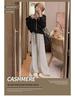 Petite Fleece-Lined Black & White Striped High-Waist Wide-Leg Pants for Women - Autumn/Winter
