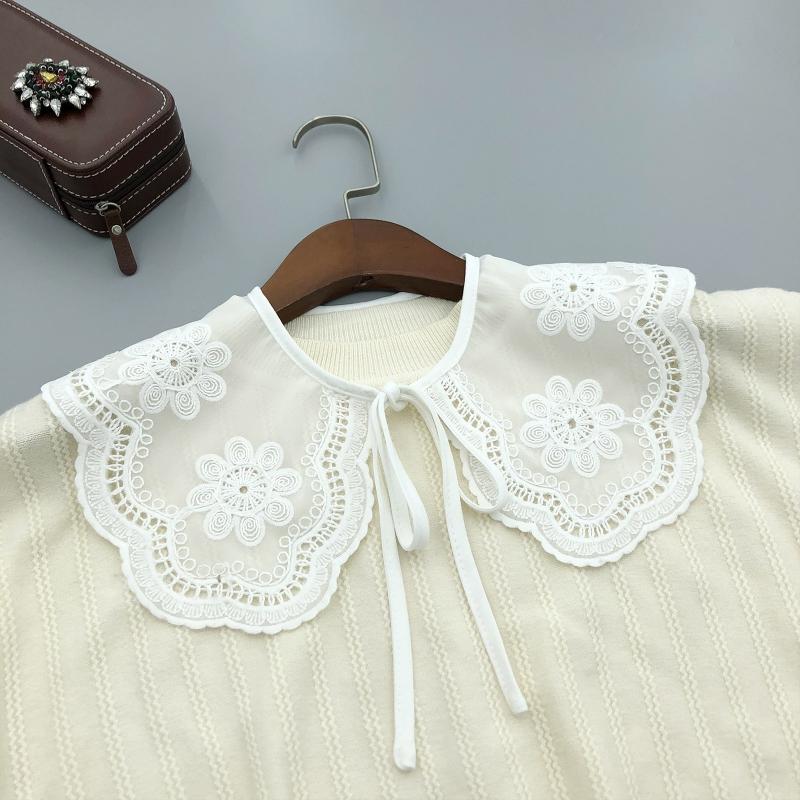 Korean Women White Cotton Fake Collar Shawl Wrap Hollow Out Floral Fish Scales Necklace Scarf Embroidery Short Poncho Dropship