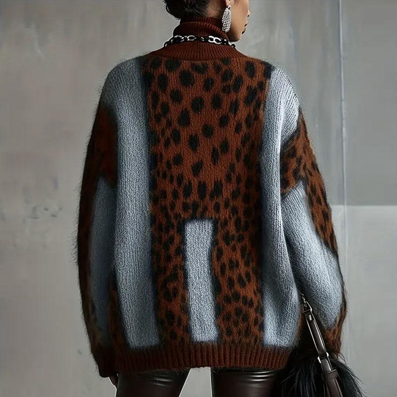 Sexy Patchwork Leopard Print Woman Sweater Autumn Turtleneck Loose Knitwear Top Pullover Winter Long Sleeve Warm Sweaters Jumper