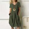 2025 Summer Round Neck Short Sleeved Fashion Dress Women Elegant Plus Size Solid Color Loose Pockets A-line Party Short Dresses Female Clothing