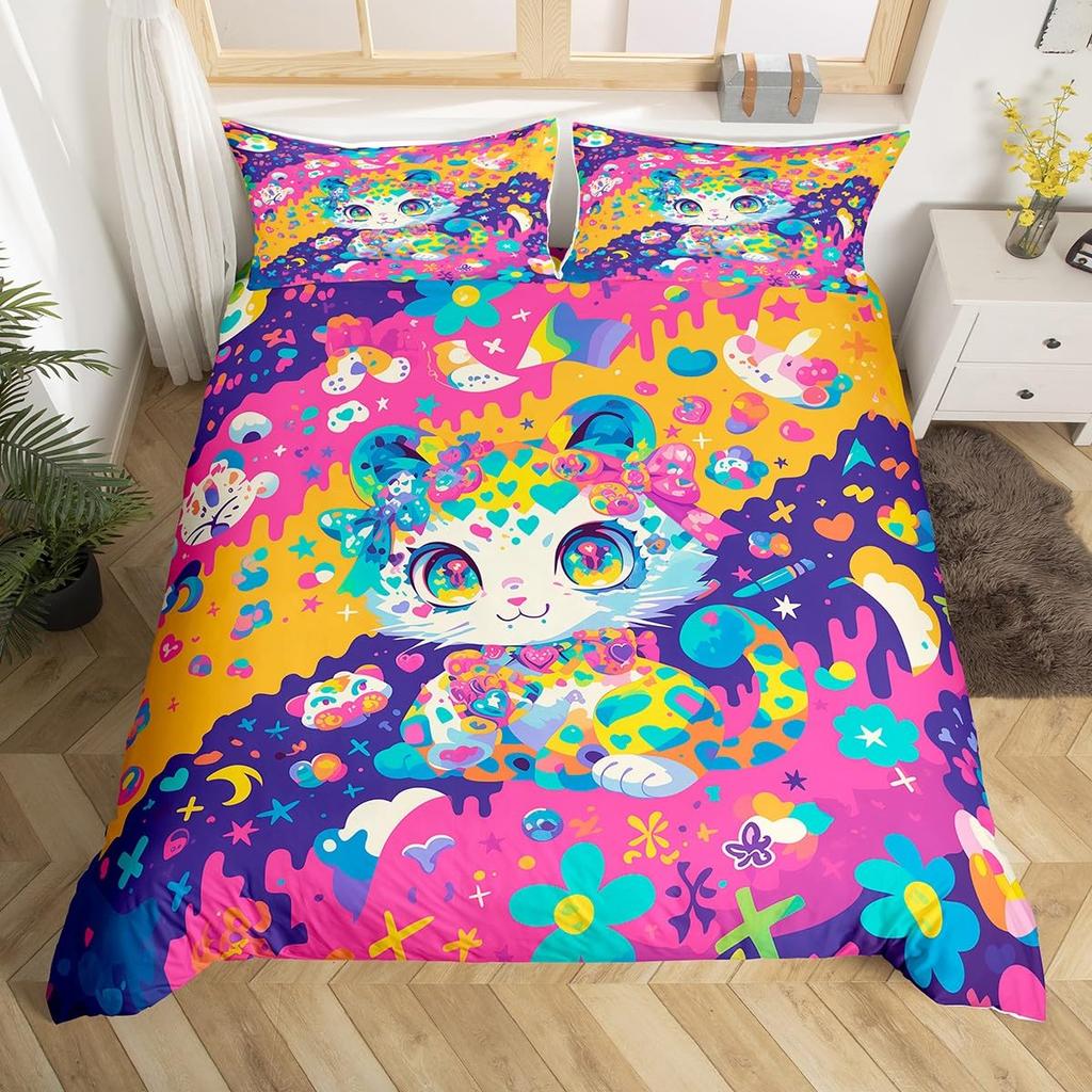 Cat and Flowers Duvet Cover Queen King Size Lightweight Quilt Cover with 2 Pillowcases Spring Animal Themed Bedding Set No Quilt