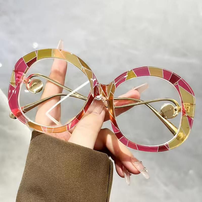 Oval Large Frame Pearl Metal Feet Fashion Flat Mirror Transparent Lens Retro Elegant Suitable for Daily Vacation Use