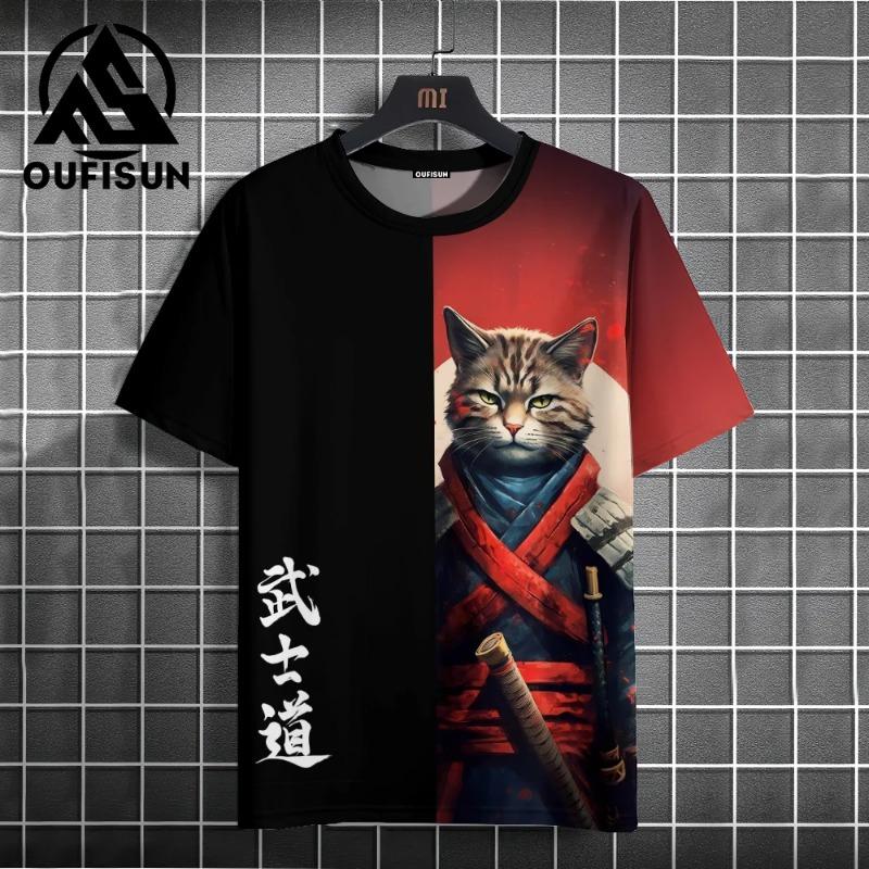 Japanese Samurai Cat 3D Print Sports Quick Dry Breathable Men T-shirt Outdoor Harajuku Street Casual Cute Y2K Short Sleeve Top