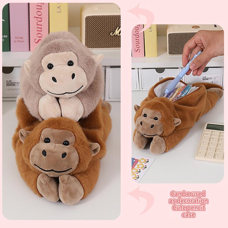 Cartoon Animal Gorilla Plush Pencil Case Large Capacity Soft Holder for Students School Office Girls Boys