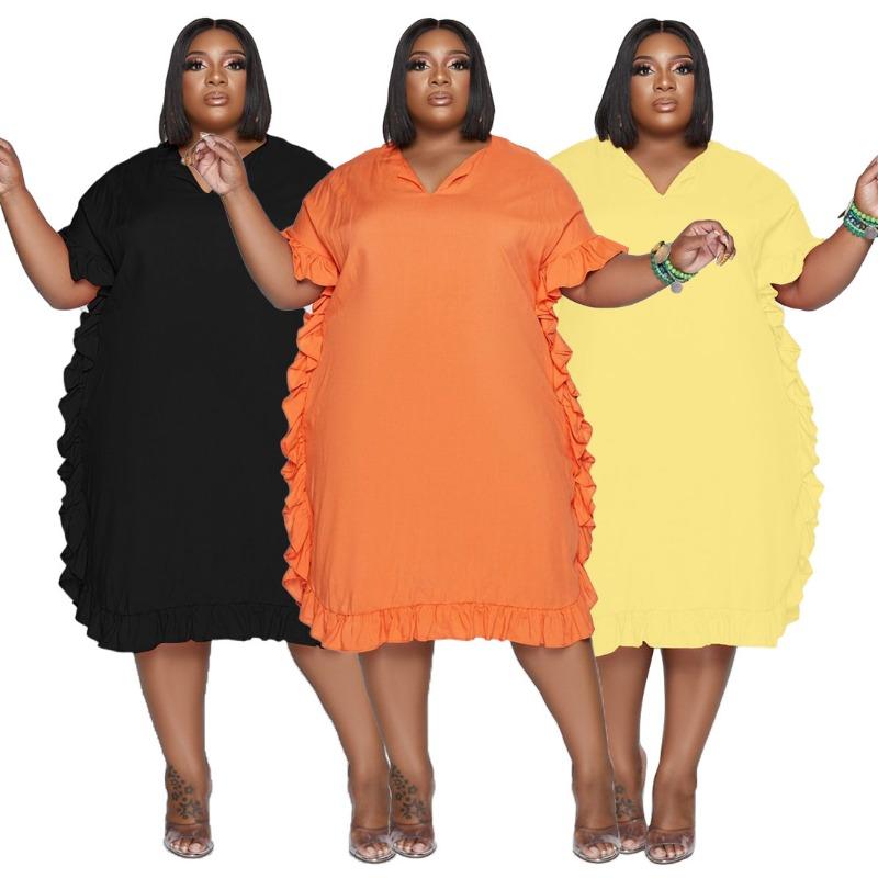 Womens Plus Size Black V Neck Ruffle Trim Midi Dress Casual Loose Fit Tunic Dress