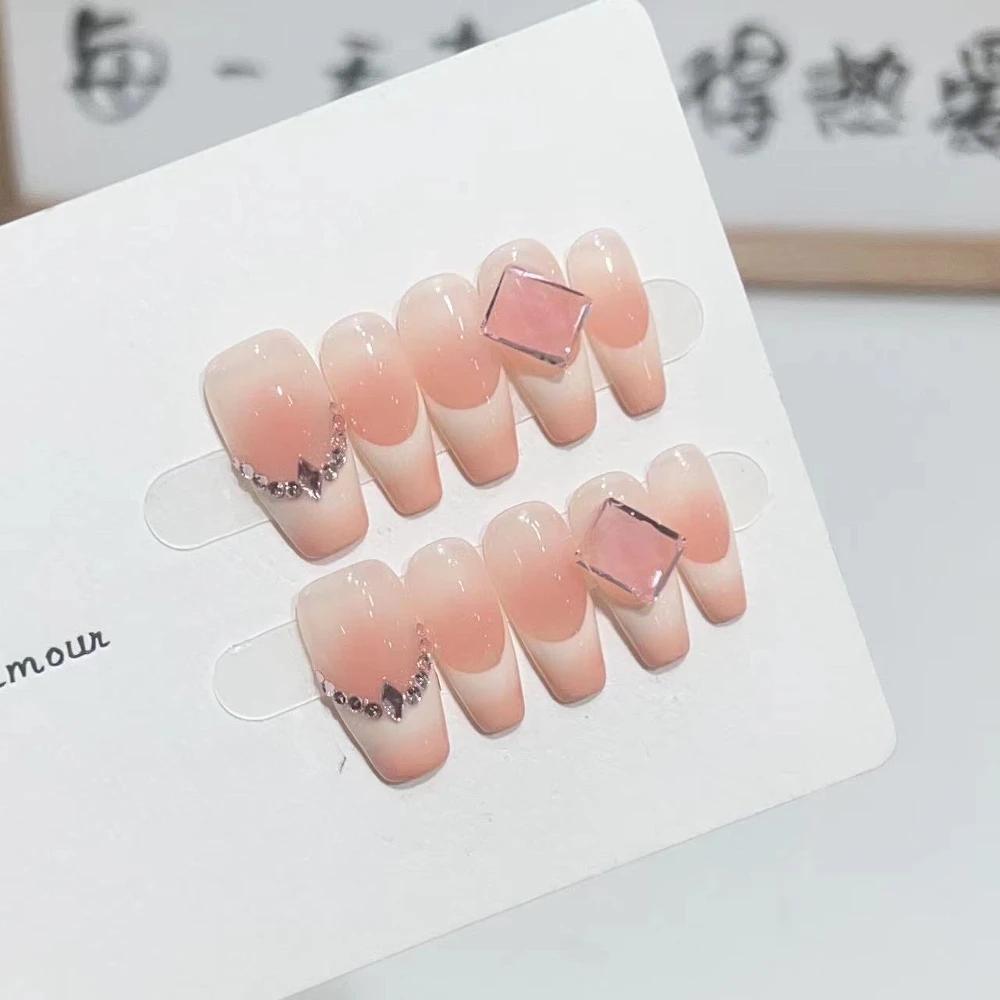 10Pcs Handmade French Gradient Cat Eye Press On Nails With 3D Butterfly Diamond Flowers Long Coffin Almond Shape