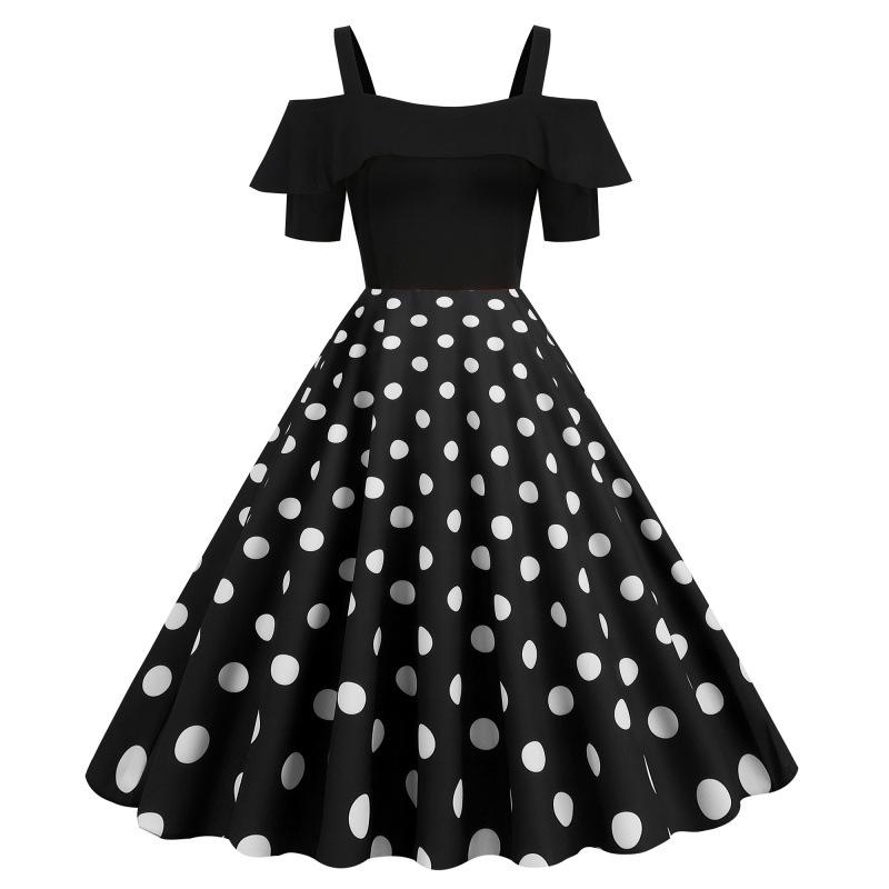 Polka Dot Patchwork One-Shoulder Ruffle Dress, Summer 2023 Collection L чёрный