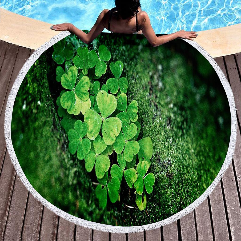 Lucky Clover Round Beach Towels,Soft Lightweight Sand Free Happy St. Patrick's Day Beach Blanket,Spring Botanical Leaves Towel