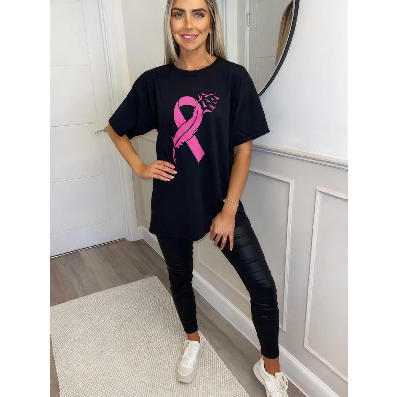 Black Oversized T Shirt With Pink Ribbon And Feather Print For Breast Cancer Awareness Casual Wear