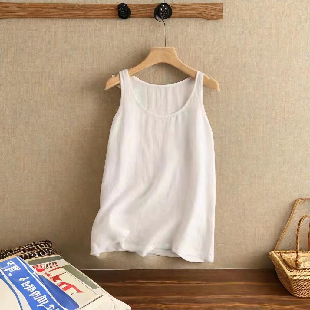 Dámské retro vyšívané bavlněno-lněné tílko: Volný, zeštíhlující letní top bez rukávů