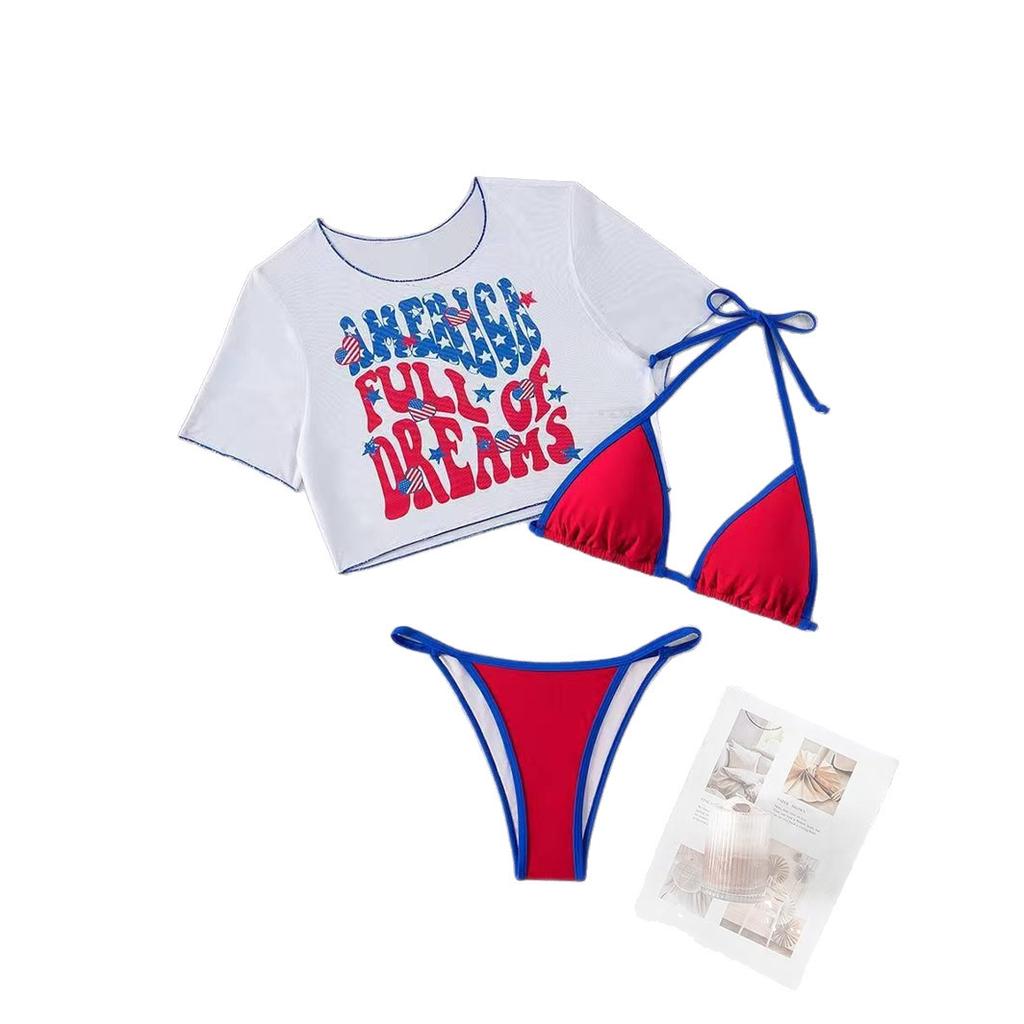 European And American New Sexy Bikini Three-Piece Bikini Swimsuit Women'S Printed Short-Sleeved Sunscreen Mesh Swimsuit