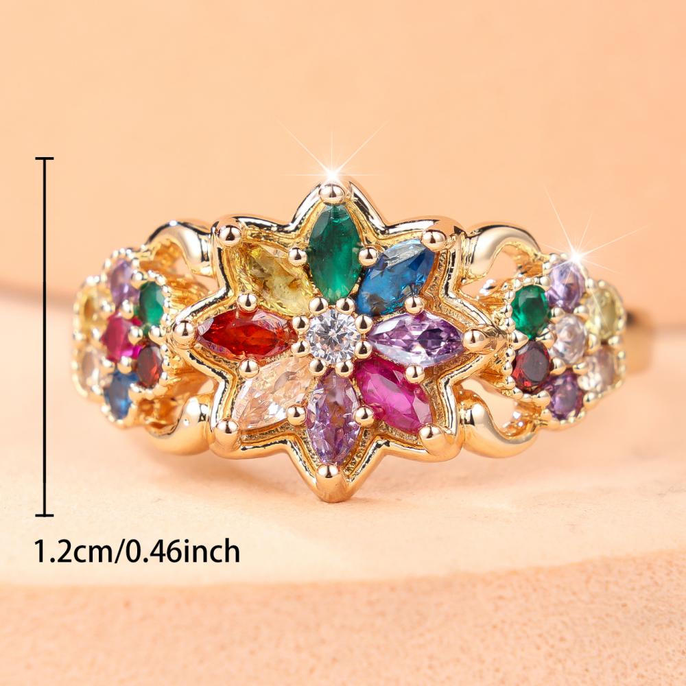 Luxury Multicolor Zircon Flower Ring for Women Fashion Gold Plated Copper Statement Jewelry Wedding Party Gift
