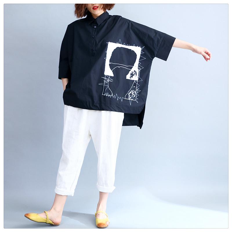 DIMANAF Dameskleding Casual Dames Shirts Blouse Zwart Oversize Print Tops Tuniek Katoenen Losse Knoop T-shirt 2024 Lente Zomer