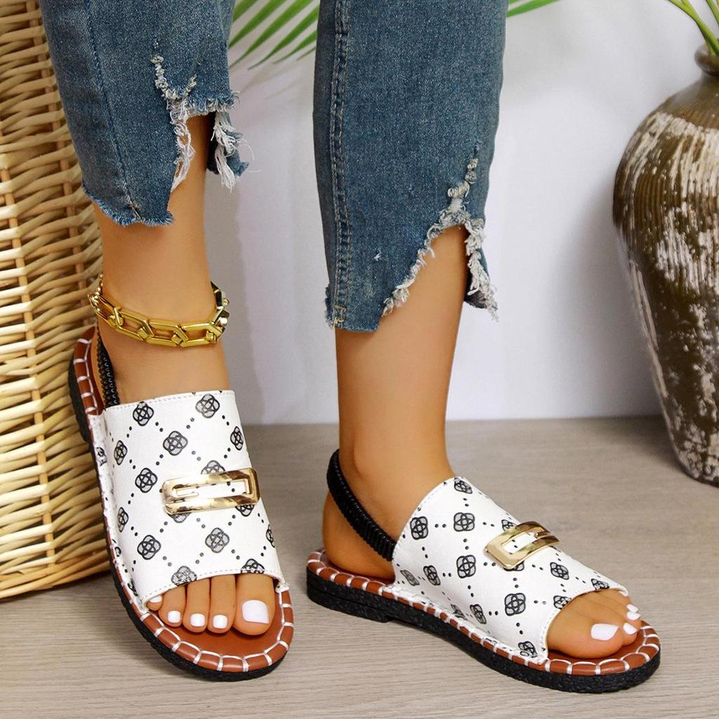 Women's European & American Flat Sandals with Elastic Fabric Band and Metal Accents, Plus Size, Beach-Ready.