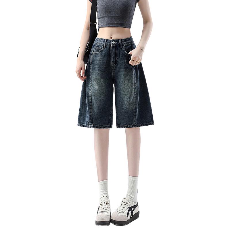 Izzueit Women's American Retro Washed Denim High-Waist Bermuda Shorts