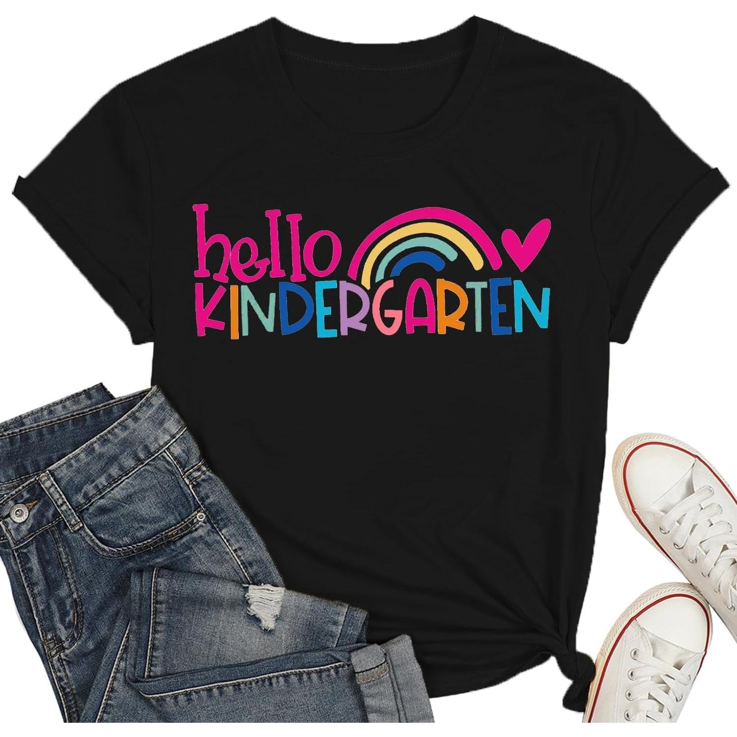 Kindergarten Teacher Shirts for Women Teacher Rainbow Graphic Tee Hello Kindergarten Tee Shirt S чёрный