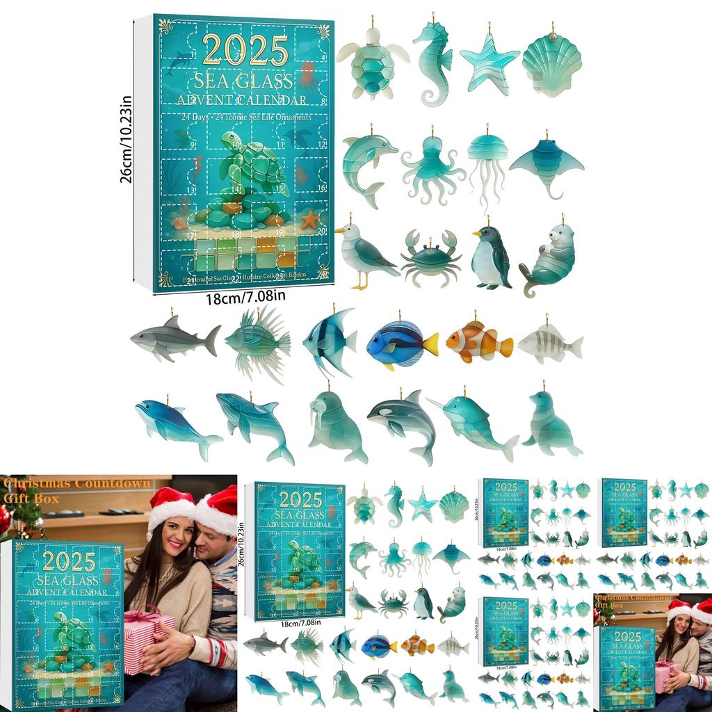 Marine Life Advent Calendar With 24 Acrylic Animal Ornaments For Christmas Home Decor