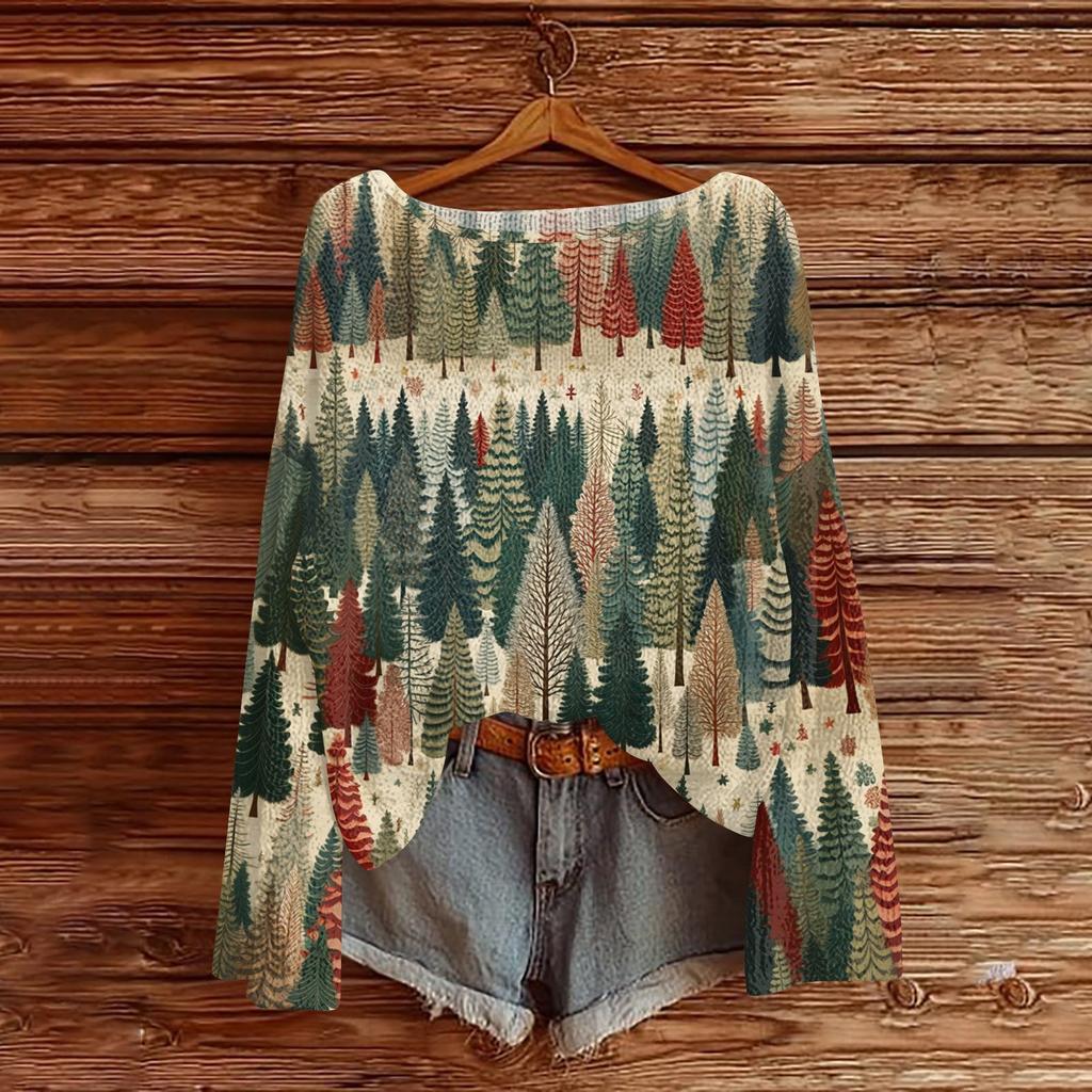 Women's Fashion Round Neck Long Sleeve Christmas Print Casual Pullover Sweater Top