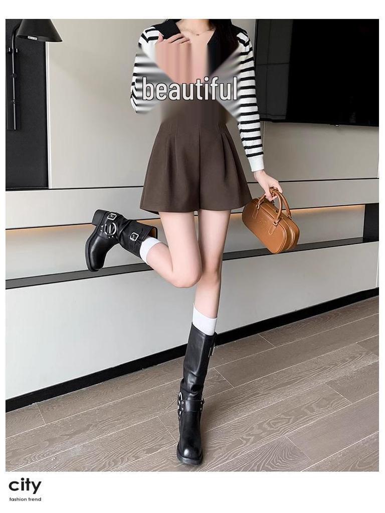 Women's High Waist Woolen Wide-Leg Shorts, Autumn/Winter 2024 Collection - Versatile Casual Wear, Available In Small To Plus Sizes.