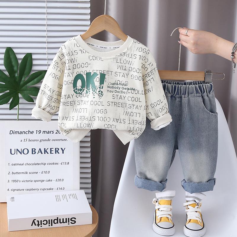 

Комплект из двух предметов с длинными рукавами и круглым вырезом с принтом по всей поверхности для мальчиков - Осень/Весна 2025 90cm бежевый