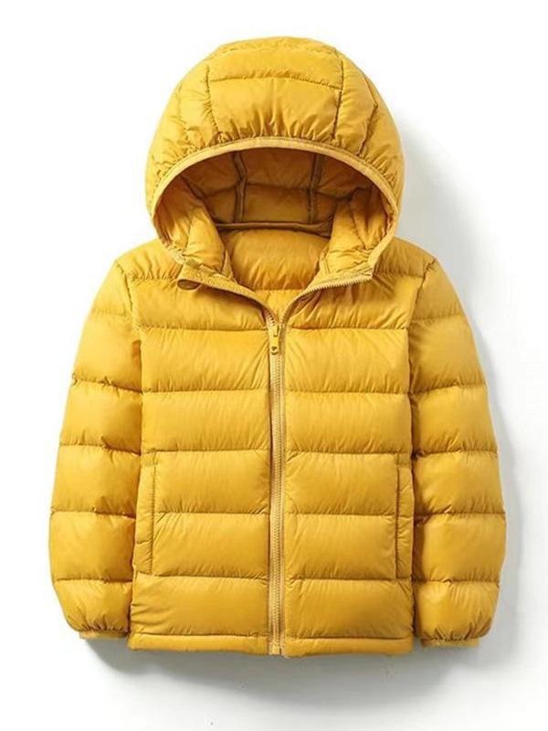 Children's Lightweight Hooded Down Jacket - Solid Color, Winter Style, 90% Down, Medium & Large Sizes