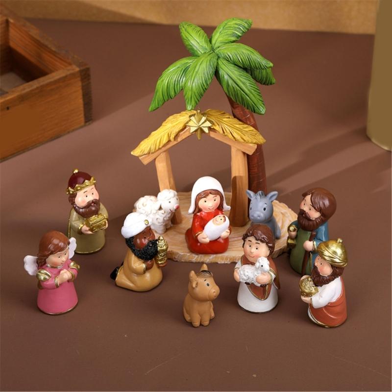 Christmas Cartoon Nativity Scene Miniature Figurines Set Resin Manger Scene Statues Ornaments for Home Decoration Collectible Gift