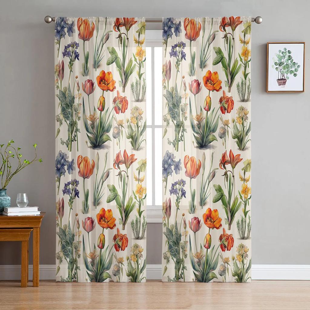 Spring Season Watercolor Flower Leaves Sheer Drapes for Living Room Decoration Window Curtain Kitchen Curtain Panels