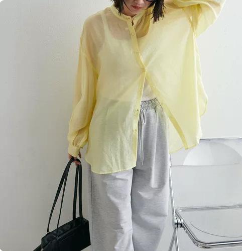 Day single spring and summer commute leisure vacation style loose and thin large size perspective long-sleeved shirt solid color shirt women