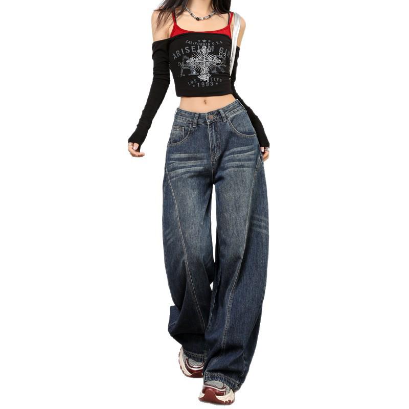 Women's Retro Wide-Leg Cat Scratch Patchwork Jeans - Autumn 2025 Collection