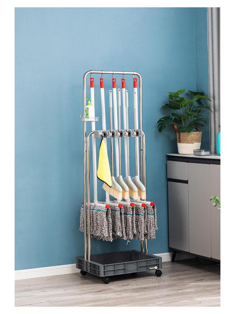 Stainless Steel Floor-Standing Mop Rack with Draining Shelf and Free Shipping