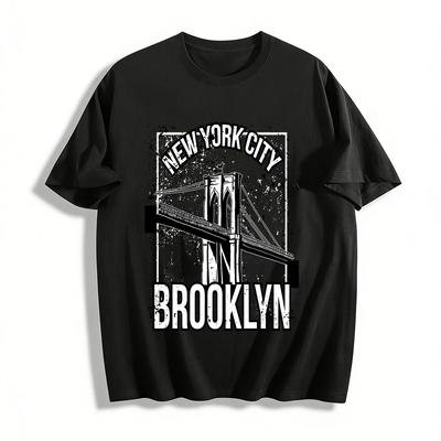 New York City Brooklyn Bridge Print Retro Unisex Casual T-Shirt Pure Cotton T-shirt